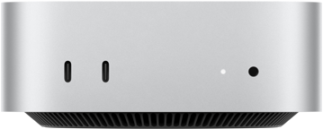 Mac mini, vista frontal, carcasa en plata, dos puertos USB-C, botón de encendido,  luz de estado, rejilla de ventilación en la parte inferior