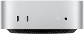 Mac mini, vista frontal, carcasa en plata, dos puertos USB-C, botón de encendido,  luz de estado, rejilla de ventilación en la parte inferior