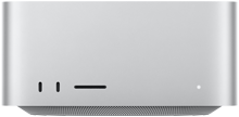 Mac Studio, parte delantera, dos puertos USB-C, ranura para tarjetas SDXC, indicador luminoso de estado, base con diseño cónico, laterales redondeados, bordes rectos, plata