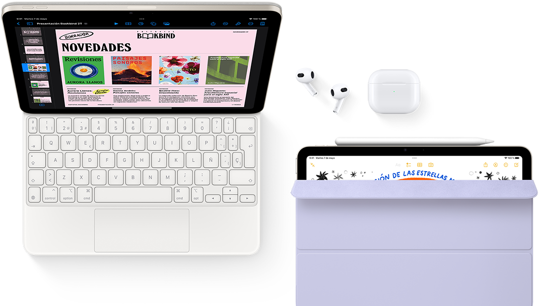 iPad Air acoplado a un Magic Keyboard con los AirPods Pro, el Apple Pencil Pro y la funda Smart Folio