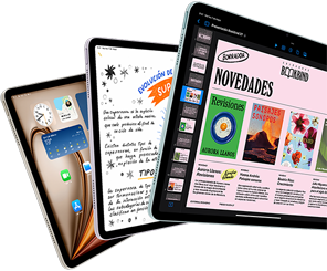 Tres pantallas de iPad Air que muestran prestaciones de apps y iPadOS