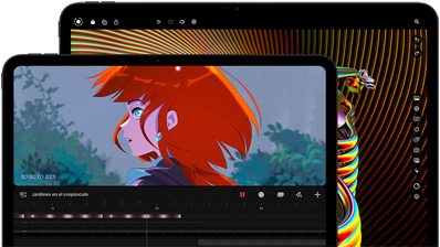 iPad Pro de 11 y 13 pulgadas, parte delantera exterior, posición horizontal, color negro espacial, esquinas redondeadas, borde de la pantalla negro, la pantalla de 11 pulgadas muestra una imagen a todo color de un personaje de animación pelirrojo, la pantalla de 13 pulgadas muestra una interfaz de edición de fotos con elementos de muchos colores