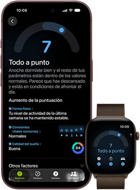 iPhone 18 Pro, color negro, parte delantera, muestra los resultados del estado de Disposición (puntuación de 7), enlazado con un Apple Watch, parte delantera, marrón, muestra la misma puntuación de 7 de Disposición