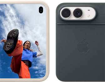 iPhone Duo, color blanco estelar, con funda de silicona color arena, posición horizontal, totalmente abierto, cámaras Dual Fusion en la esquina superior izquierda, la funda cubre la parte trasera y el contorno exterior de la pantalla frontal, a la derecha se muestra la pantalla exterior con el retrato de una persona. iPhone Duo, color blanco estelar, apoyado con la funda Folio con soporte, color azul marino, totalmente abierto, posición horizontal, parte trasera con la cámara dual Fusion de 48 Mpx, dos objetivos.