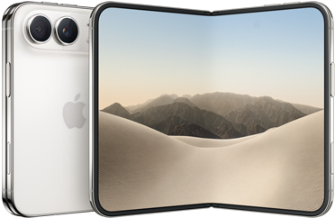 iPhone Duo, parte trasera, cerrado, color blanco estelar, sistema de cámara dual Fusion en la esquina superior izquierda, logo de Apple en el centro. Pantalla interior abierta, diseño de borde a borde, esquinas redondeadas.