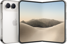 iPhone Duo, parte trasera, cerrado, color blanco estelar, sistema de cámara dual Fusion en la esquina superior izquierda, logo de Apple en el centro. Pantalla interior abierta, diseño de borde a borde, esquinas redondeadas.