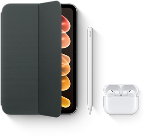iPad mini con varios accesorios compatibles, entre los que se incluyen una funda Smart Folio para el iPad mini (A20 Pro), un Apple Pencil (USB-C) y unos AirPods Pro 3