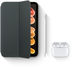 iPad mini con varios accesorios compatibles, entre los que se incluyen una funda Smart Folio para el iPad mini (A20 Pro), un Apple Pencil (USB-C) y unos AirPods Pro 3