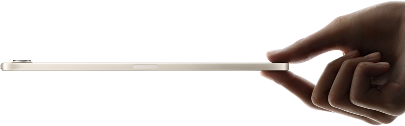 iPad mini, sostenido por una mano, parte lateral que muestra su diseño fino y ligero