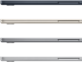 Cuatro portátiles MacBook Air cerrados con los acabados disponibles: color medianoche, blanco estrella, gris espacial y plata