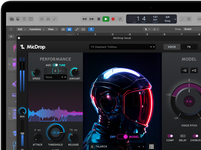 La pantalla muestra el uso de las prestaciones de IA del software MicDrop para editar una locución en un MacBook Pro
