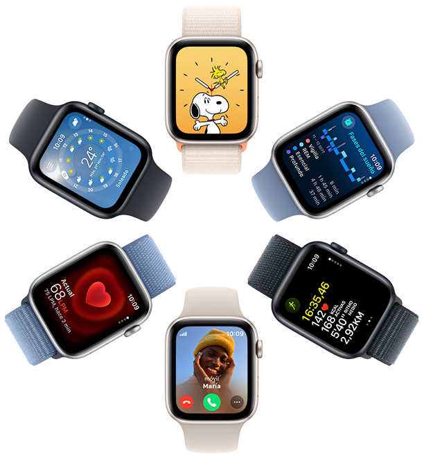Vista desde arriba de seis pantallas de Apple Watch SE que muestran un fondo de pantalla de Snoopy, datos de la app Sueño, mediciones de la app Entreno, una llamada entrante, la frecuencia cardiaca y la app Tiempo.