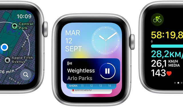 Vista frontal de varias pantallas del Apple Watch SE que muestran pantallas de apps actualizadas.