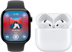 Apple Watch Series 11, caja de titanio color natural, correa deportiva color gris piedra, app Apple Music abierta, enlazado a unos AirPods 4