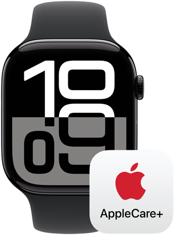 El logotipo de AppleCare+ al lado de un Apple Watch Series 10.