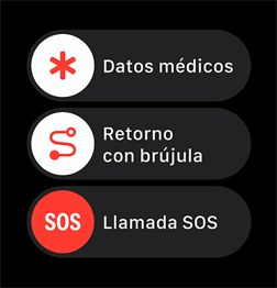 Se muestran los controles de llamada de emergencia, Datos Médicos y Retorno con Brújula.