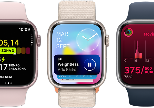 Vista frontal de cinco dispositivos Apple Watch que muestran toda la información que cabe en la pantalla con el nuevo sistema operativo watchOS 10.