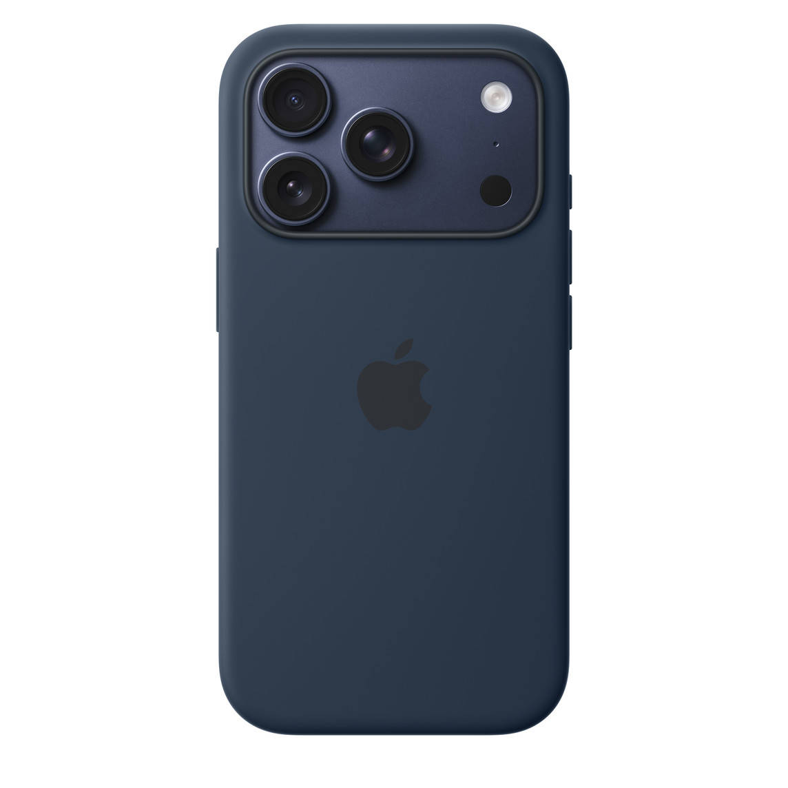 Vista trasera de la funda de silicona con MagSafe en color medianoche con el logotipo de Apple en el centro acoplada a un iPhone 17 Pro azul oscuro, que se ve a través de la abertura para la cámara Vista trasera de la funda de silicona con MagSafe en color medianoche con el logotipo de Apple en el centro acoplada a un iPhone 17 Pro azul oscuro, que se ve a través de la abertura para la cámara