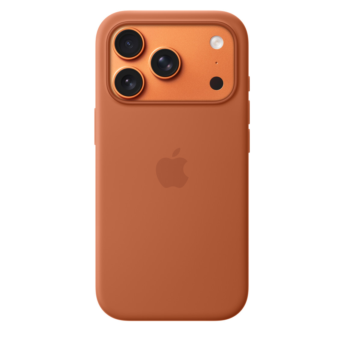 Vista trasera de la funda de silicona con MagSafe en color terracota con el logotipo de Apple en el centro acoplada a un iPhone 17 Pro naranja cósmico, que se ve a través de la abertura para la cámara Vista trasera de la funda de silicona con MagSafe en color terracota con el logotipo de Apple en el centro acoplada a un iPhone 17 Pro naranja cósmico, que se ve a través de la abertura para la cámara