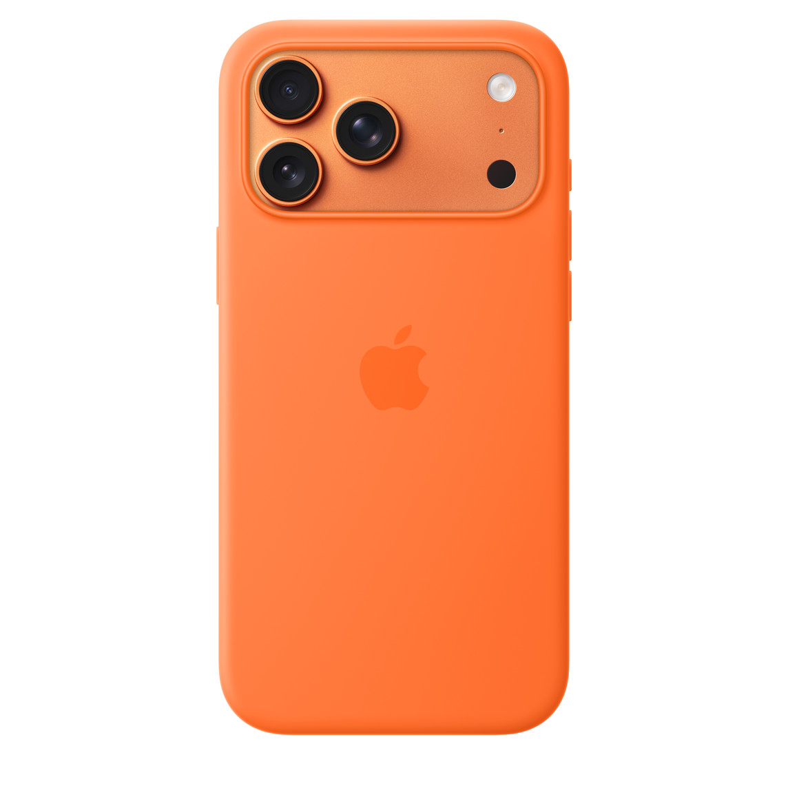 Vista trasera de la funda de silicona con MagSafe en naranja con el logotipo de Apple en el centro acoplada a un iPhone 17 Pro Max naranja cósmico, que se ve a través de la abertura para la cámara Vista trasera de la funda de silicona con MagSafe en naranja con el logotipo de Apple en el centro acoplada a un iPhone 17 Pro Max naranja cósmico, que se ve a través de la abertura para la cámara