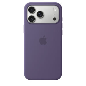 Funda de silicona con MagSafe color niebla lila, parte trasera, logotipo de Apple en el centro, acoplada a un iPhone 17 Pro Max en plata, visible a través de la abertura para la cámara
