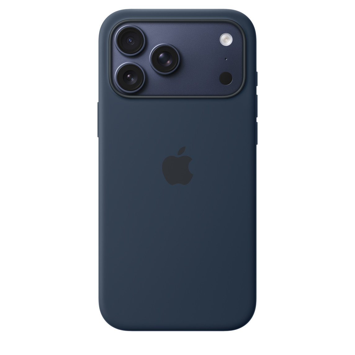 Vista trasera de la funda de silicona con MagSafe en color medianoche con el logotipo de Apple en el centro acoplada a un iPhone 17 Pro Max azul oscuro, que se ve a través de la abertura para la cámara Vista trasera de la funda de silicona con MagSafe en color medianoche con el logotipo de Apple en el centro acoplada a un iPhone 17 Pro Max azul oscuro, que se ve a través de la abertura para la cámara