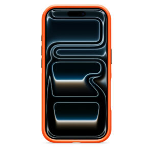 Funda Rugged de Beats, color naranja sierra, acoplada a un iPhone 17 Pro, vista frontal, la funda cubre la parte superior, la parte inferior y los laterales