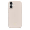 Funda Beats con MagSafe y Control de Cámara para el iPhone 17, color gris caliza, acoplada a un iPhone 17, parte trasera, logo de Beats en letra pequeña en color amarillo-verde neón centrado en la parte inferior de la funda, acabado mate