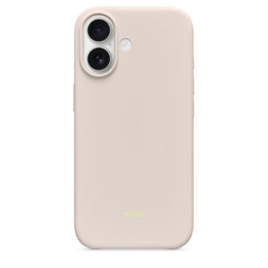 Funda Beats con MagSafe y Control de Cámara para el iPhone 17, color gris caliza, acoplada a un iPhone 17, parte trasera, logo de Beats en letra pequeña en color amarillo-verde neón centrado en la parte inferior de la funda, acabado mate