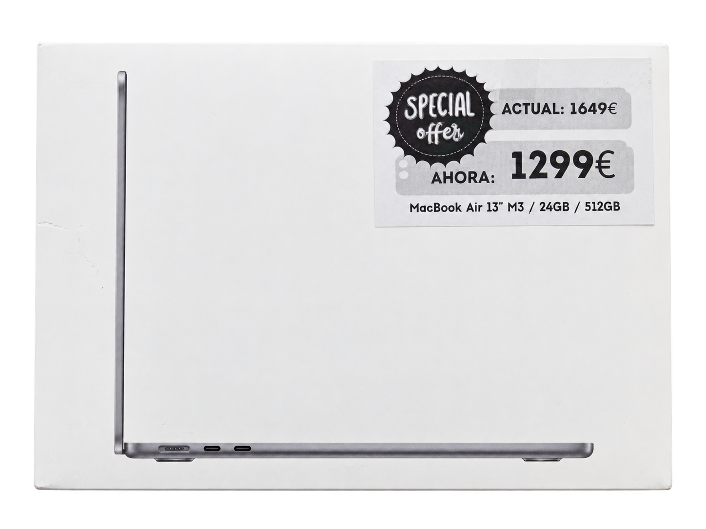 outlet-macbookair13-m3-24-512-limpia Fotografía del embalaje de MacBook Air de 13 pulgadas M3 · 24 GB · SSD de 512 GB · Gris espacial · Nuevo precintado · fondo editado