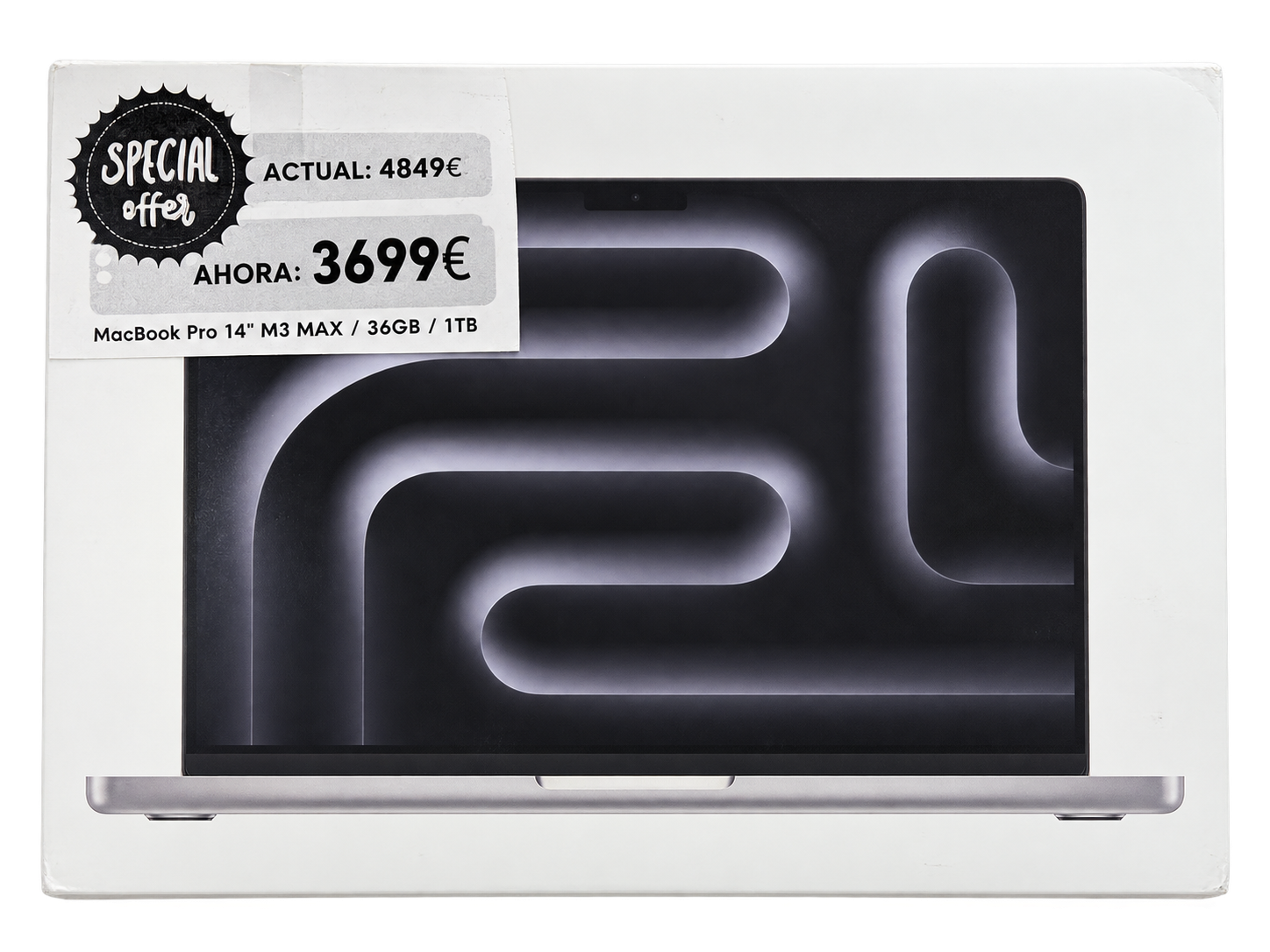 outlet-macbookpro14-m3max-36-1tb-limpia Fotografía del embalaje de MacBook Pro de 14 pulgadas M3 Max · 36 GB · SSD de 1 TB · Plata · Nuevo precintado · fondo editado