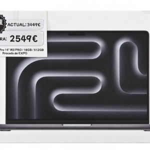 Fotografía del embalaje de MacBook Pro de 14 pulgadas M3 Pro · 18 GB · SSD de 512 GB · Negro espacial · Exposición · fondo editado