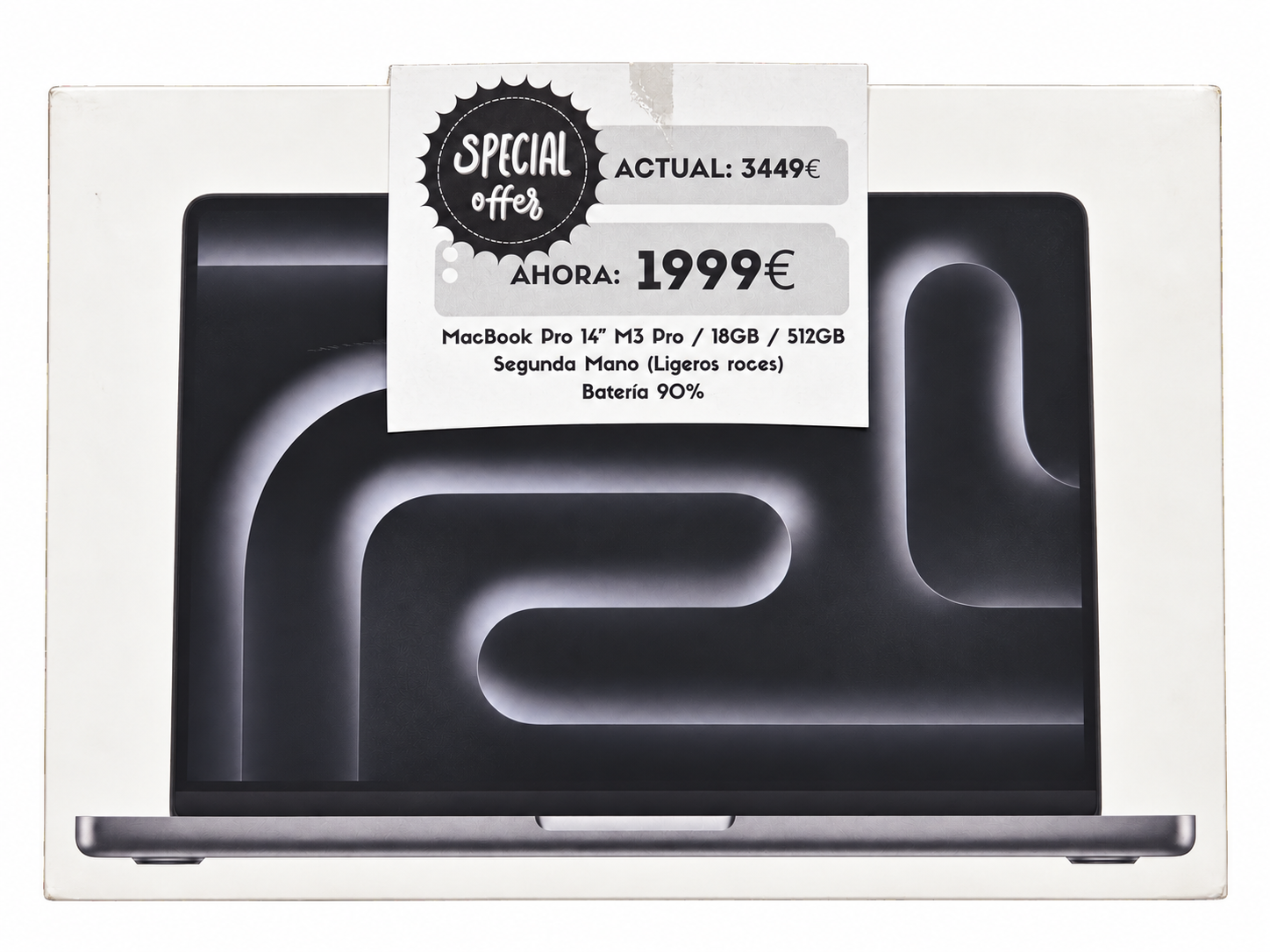 outlet-macbookpro14-m3pro-usado-final Fotografía del embalaje de MacBook Pro M3 Pro · 18 GB · 512 GB · Segunda mano · fondo editado