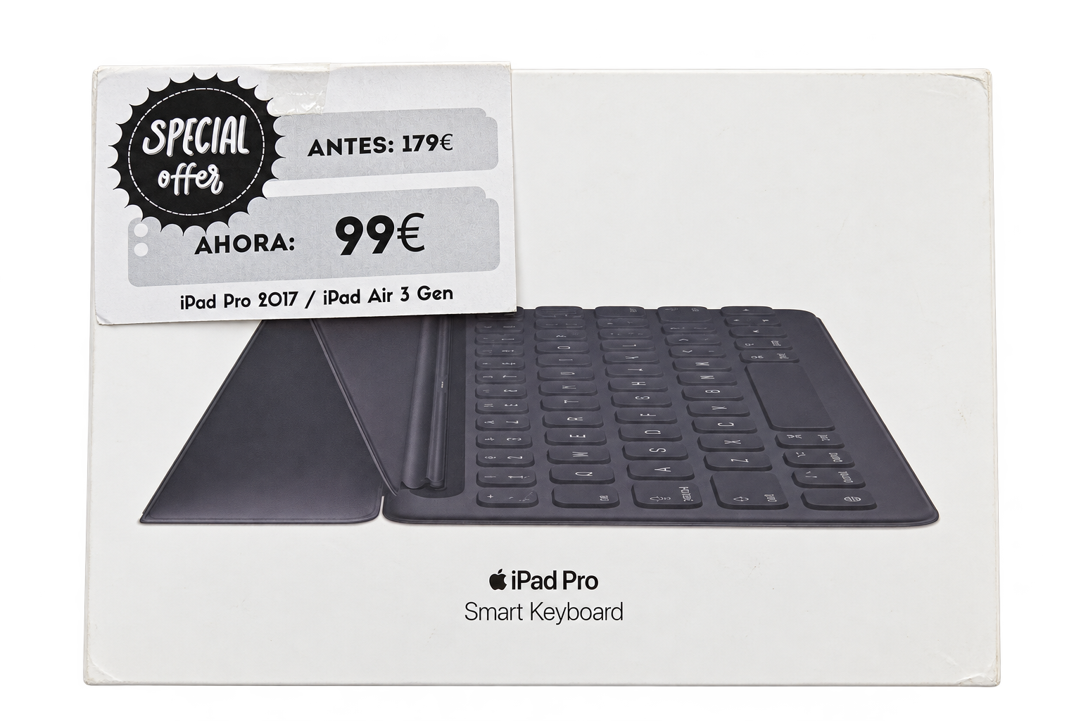 outlet-smartkeyboard-ipad-es-limpia Fotografía del embalaje de Smart Keyboard para iPad · Español · Para iPad Pro de 10,5 pulgadas (2017) y iPad Air de 3.ª generación · Nuevo precintado · fondo editado