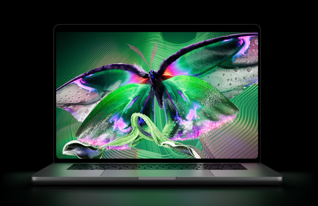 MacBook Pro con pantalla PROLED XDR, tapa abierta, color plata, la pantalla muestra una imagen detallada de alto contraste con colores vivos, la pantalla ilumina el teclado