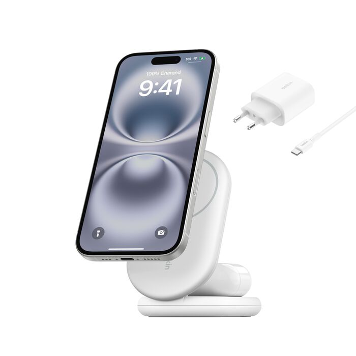 Cargador inalámbrico y magnético plegable 2 en 1 con Qi2 de 15 W, Blanco, hi-res Cargador inalámbrico y magnético plegable 2 en 1 con Qi2 de 15 W, Blanco, hi-res